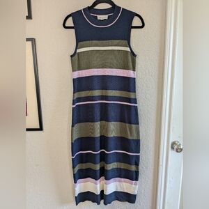 Free Assembly Stretch Knit Midi Dress High Neck Bodycon M Olive Navy Excellent